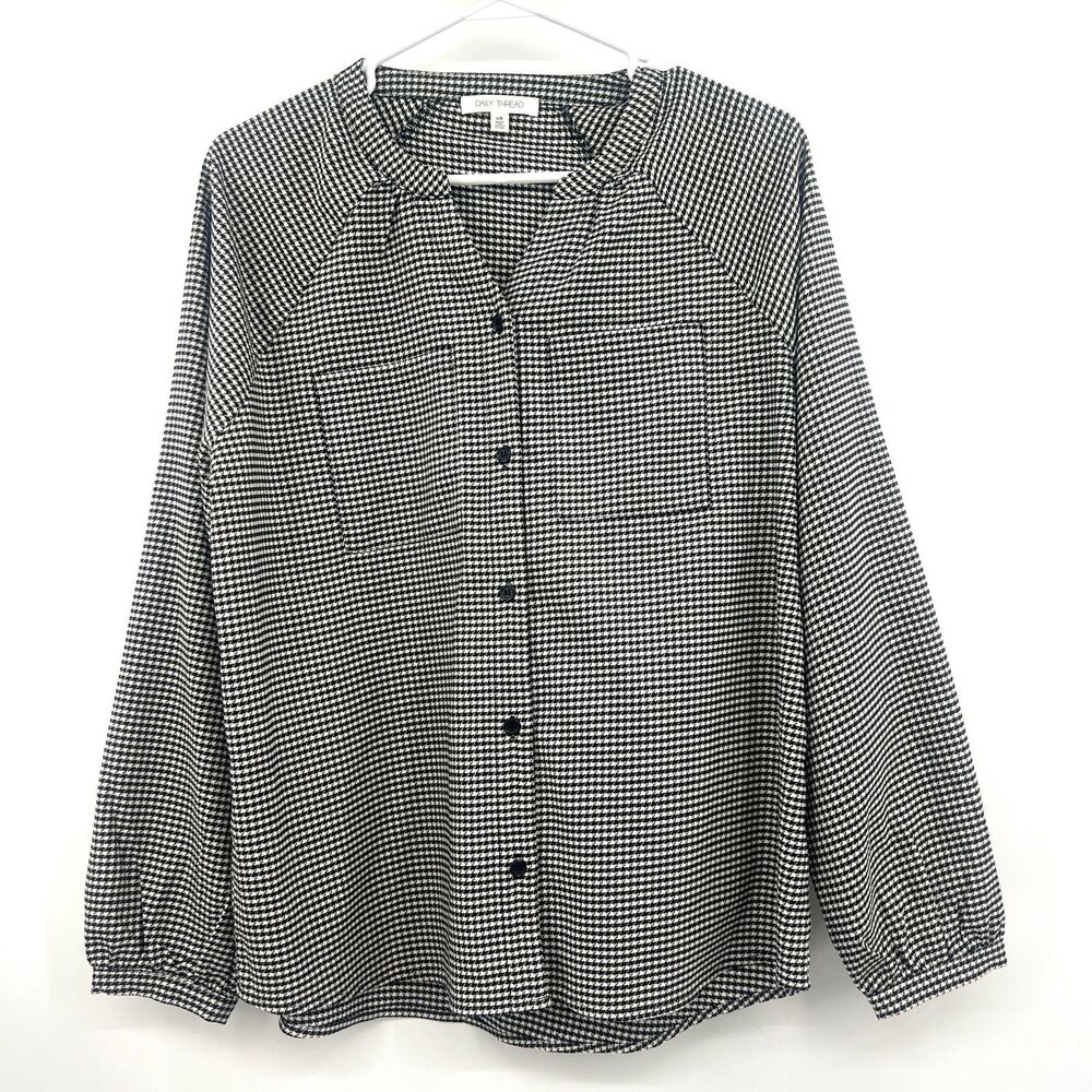 Daily Thread Womens L Houndstooth Button Front Blouse Black White Long Sleeve